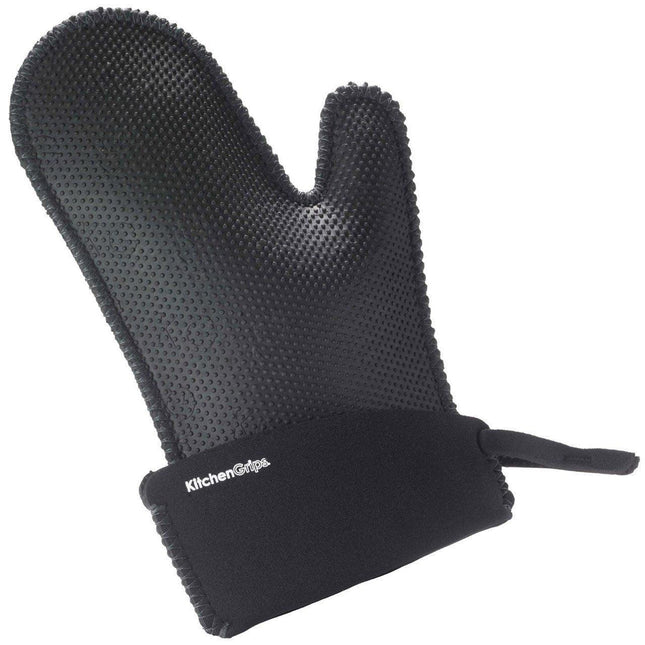Kitchen Grips extra long oven mitt featuring heat resistance, non-slip grip, and water repellant properties.