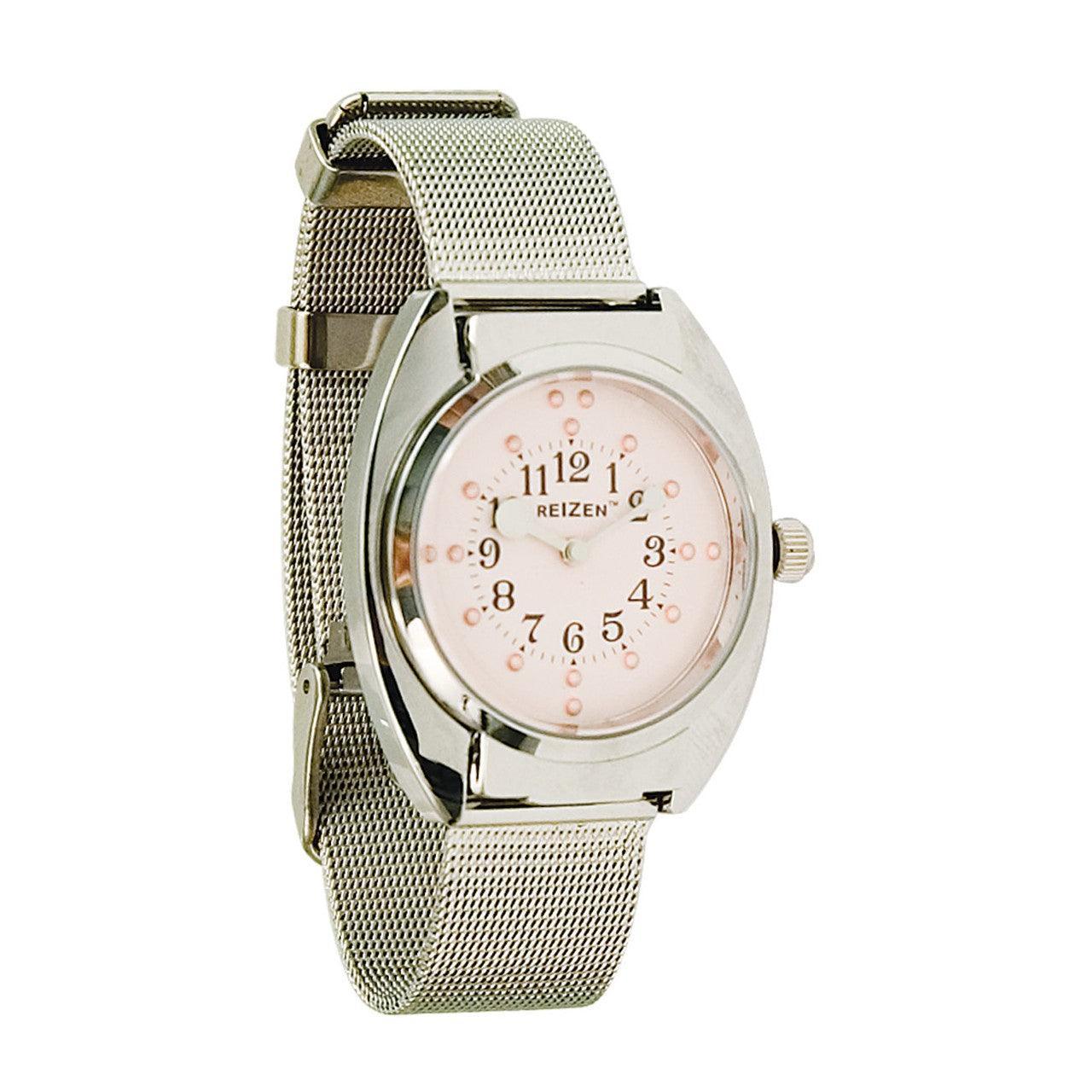 Ladies Braille Watch-Chrome-Steel Mesh Band-Pink Dial - The Low Vision Store
