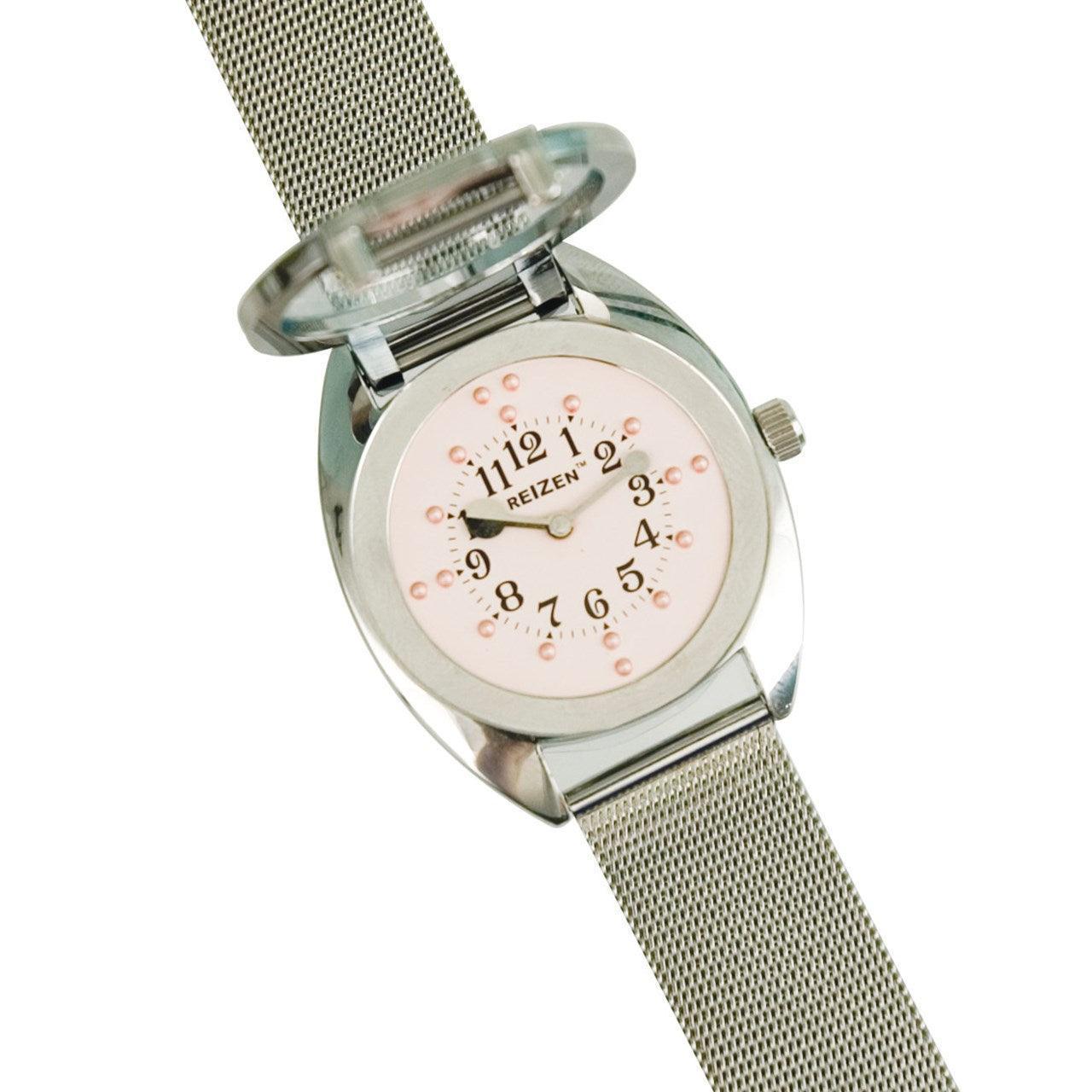 Ladies Braille Watch-Chrome-Steel Mesh Band-Pink Dial - The Low Vision Store