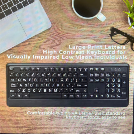 Large text LED backlit keyboard with large print letters for easy visibility and ergonomic design.