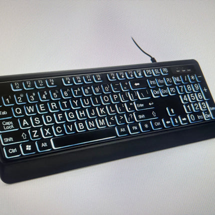 Large text LED backlit keyboard with USB connection and ergonomic design for easy visibility.