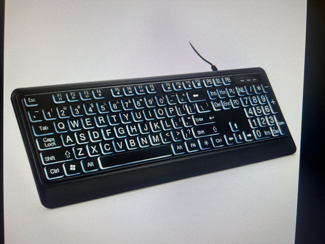 Large text LED backlit keyboard with USB connection and ergonomic design for easy visibility.