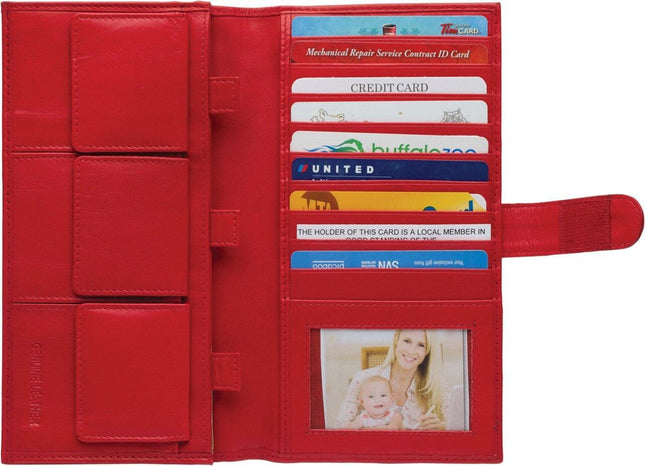 Soft leather organizer wallet open showing card slots, coin pockets, and a photo compartment.