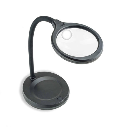 LED magnifier desk lamp with flexible goose neck and 5X power spot lens for hands-free use.
