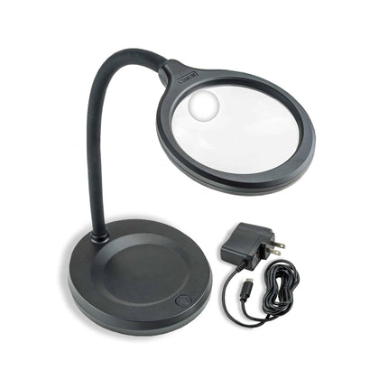 LED magnifier desk lamp with flexible goose neck and USB power for hands-free use.