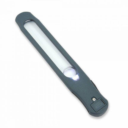 LED magnifier with spot lens features a sleek design and bright LED for reading in low light.