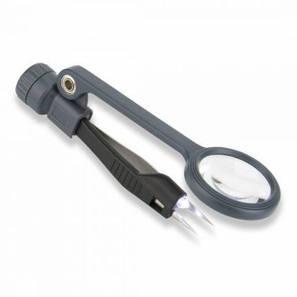 Lighted magnifier with tweezers featuring a 4.5x lens and bright LED light for precision tasks.