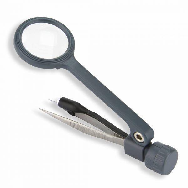 Lighted magnifier with tweezers for detailed tasks and crafts, featuring LED light and fine-point design.
