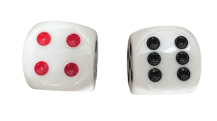 Large low vision dice set showing two 32mm dice, one with red dots and the other with black dots, easy to see.