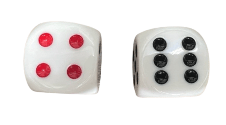Large low vision dice set showing two 32mm dice, one with red dots and the other with black dots, easy to see.