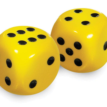 Large low vision dice set of 2 yellow dice featuring easy-to-see bold black dots.