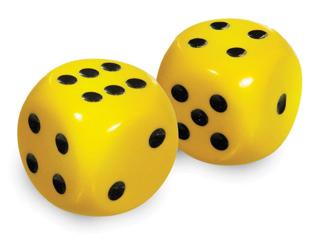 Large low vision dice set of 2 yellow dice featuring easy-to-see bold black dots.