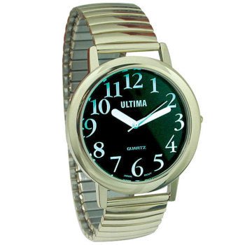 Low vision watch black face with silver band and large white numbers for easy readability.