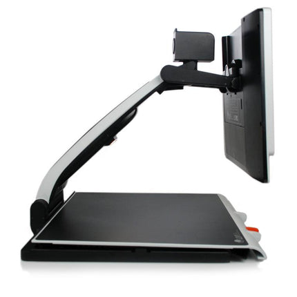 Magni Link Zip Premium portable video magnifier showcasing a sleek design, monitor arm, and reading platform for easy document viewing.