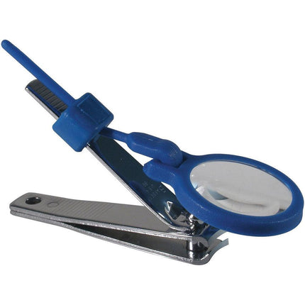 magnifying nail clipper with LED light featuring a 5x power magnifier and a sure-grip design for easy nail trimming