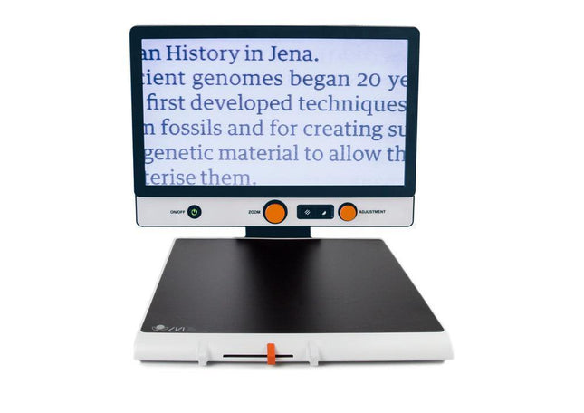 MagniLink One video magnifier for low vision displaying large text on screen.