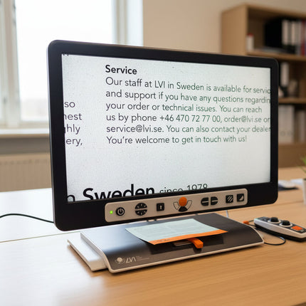 Monitor displaying a message about LVI's service team in Sweden, with a car in the background.