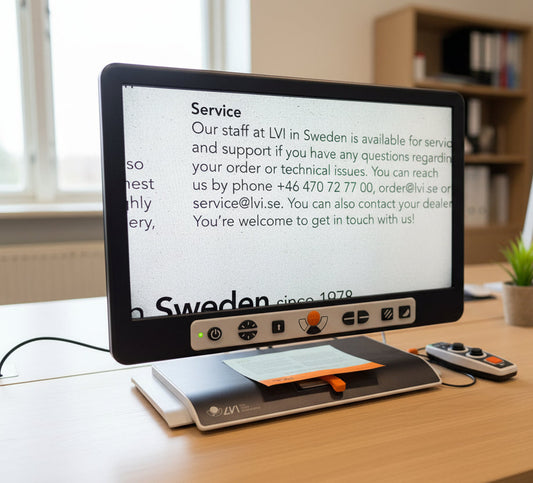Monitor displaying a message about LVI's service team in Sweden, with a car in the background.