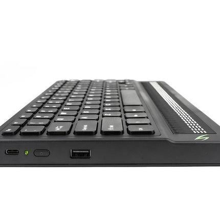 Mantis Q40 Braille Display side view showcasing keys and connectivity options.