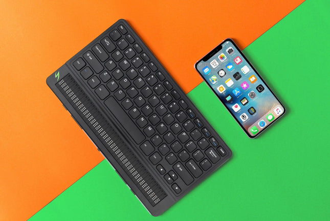Mantis Q40 Braille Display alongside a smartphone on a colorful background, showcasing its versatile applications.