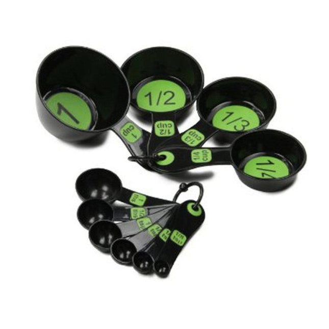 Large print measuring cups and spoons set in black and green, featuring 4 cups and 6 spoons for accurate ingredient measurements.