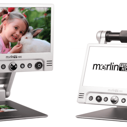 Merlin Mini Video Magnifier, a portable video magnifier with adjustable display to enhance reading and viewing comfort.