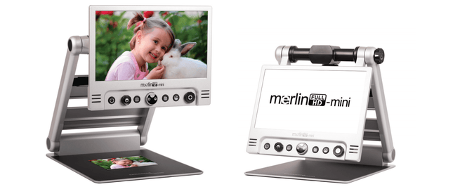 Merlin Mini Video Magnifier, a portable video magnifier with adjustable display to enhance reading and viewing comfort.