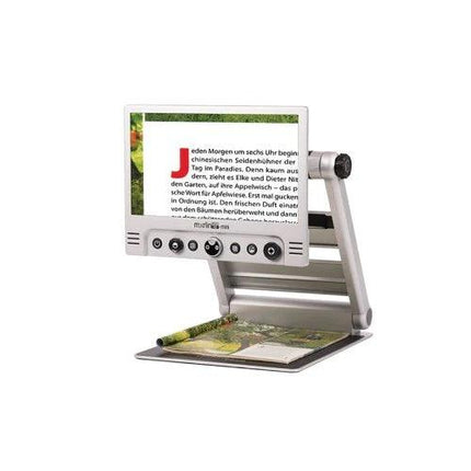 Merlin Mini portable video magnifier with a 15" screen displaying text on a book for enhanced visibility.
