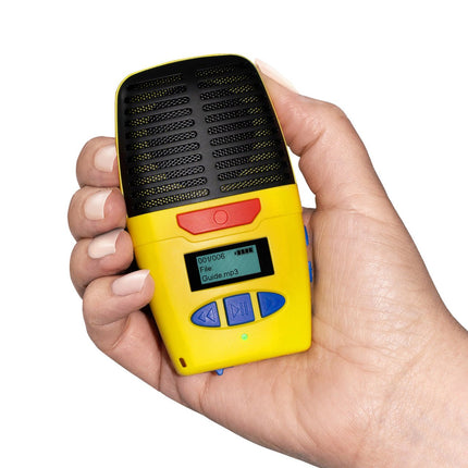 Micro-Speak Plus Talking Digital Voice Recorder held in hand with tactile buttons and display.