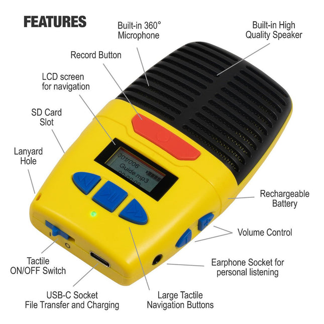 Micro-Speak Plus Talking Digital Voice Recorder features including buttons and LCD screen for navigation.