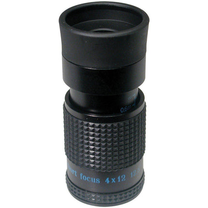4x12 monocular for distance viewing showcasing black finish and rubber eyecup in a close-up view.