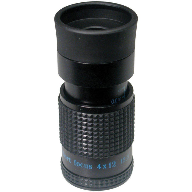 4x12 monocular for distance viewing showcasing black finish and rubber eyecup in a close-up view.