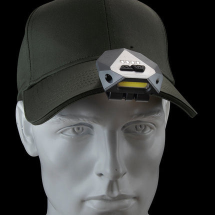 Nebo Einstein Cap Light worn on a cap, showcasing the design of a rechargeable cap light for outdoor enthusiasts.