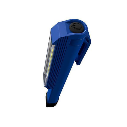 Nebo Larry C work light in blue color with a compact design and magnetic clip for hands-free operation.