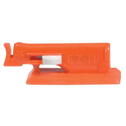 Needle threader for sewing machine in bright orange color, designed to assist in threading for low vision users.