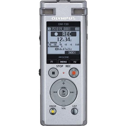 Olympus Digital Voice Recorder DM-720, a digital voice recorder with 985 hours recording capacity and three-microphone system.