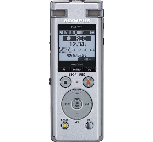 Olympus Digital Voice Recorder DM-720, a digital voice recorder with 985 hours recording capacity and three-microphone system.