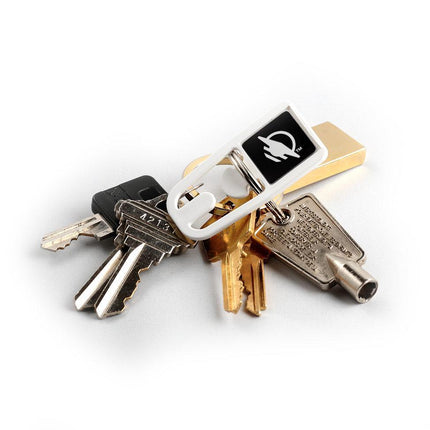 NFC plastic clips for organization attached to a keyring with various keys and a USB drive.