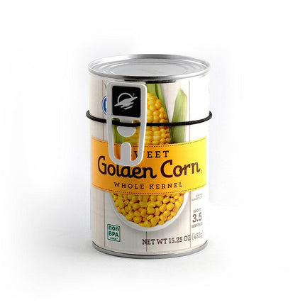 On-metal WayClip Plastic Clip with NFC Tag for organization on can of sweet golden corn.