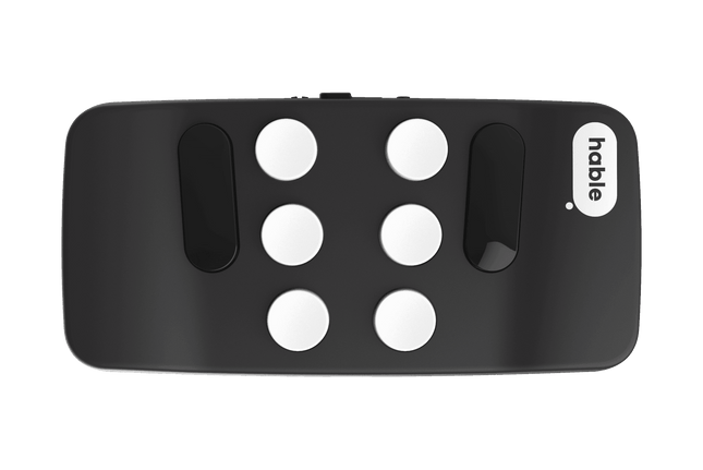 Hable One Braille Keyboard, pocket-size device with eight-key layout for iOS and Android control.