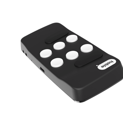 Hable One Braille Keyboard showing a compact design with eight keys for smartphone control.