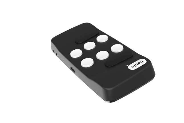 Hable One Braille Keyboard showing a compact design with eight keys for smartphone control.