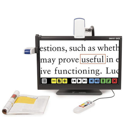HD deskset magnifier with text to speech displaying large text on screen with control buttons and remote.