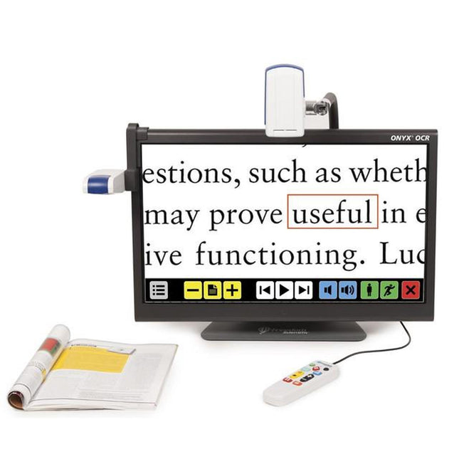 HD deskset magnifier with text to speech displaying large text on screen with control buttons and remote.