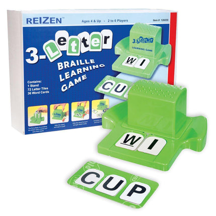 Braille 3-Letter Learning Game for kids displayed with letter tiles and word cards, ideal for educational play.