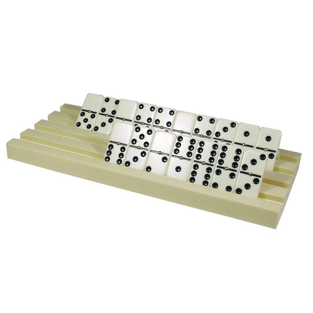 Jumbo domino rack holder displaying organized tiles in diagonal slots, accommodating up to 44 tiles securely.