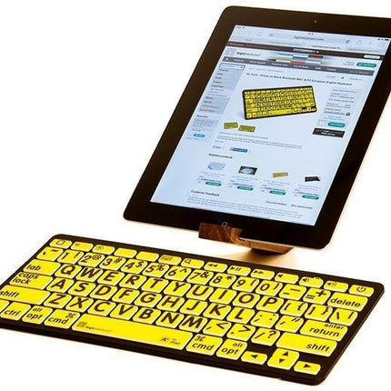 Large Print Bluetooth Keyboard for Windows displayed with a tablet, showcasing bold yellow keys for better visibility.