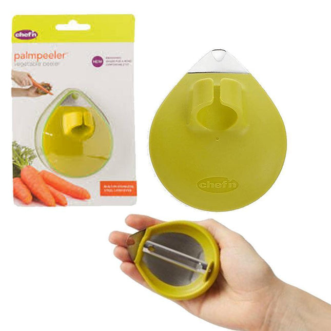 Palm held vegetable peeler with soft grip and stainless steel blade for easy peeling of fruits and veggies.