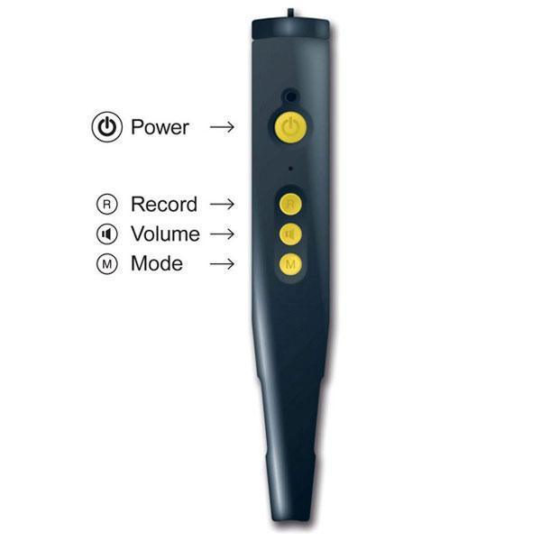 Pen Friend 3 showing power, record, volume, and mode buttons for low vision assistance.