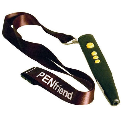 Pen Friend 3 for low vision with yellow buttons and lanyard, designed for easy audio instructions and object identification.